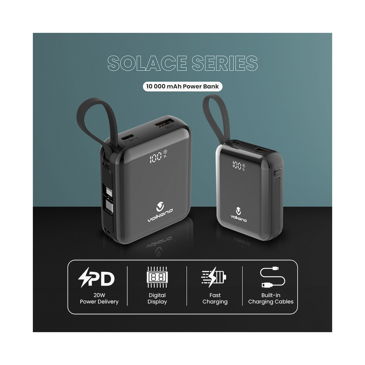 Volkano Solace Series 10 000 mAh Power Bank with Built-in USB-C & Lightning Cable - Black