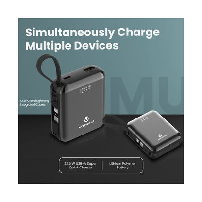 Volkano Solace Series 10 000 mAh Power Bank with Built-in USB-C & Lightning Cable - Black