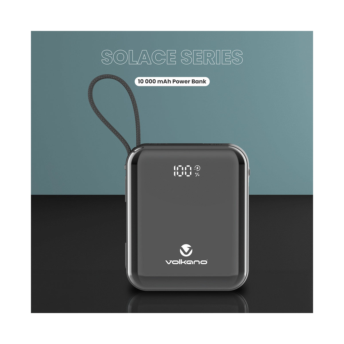Volkano Solace Series 10 000 mAh Power Bank with Built-in USB-C & Lightning Cable - Black