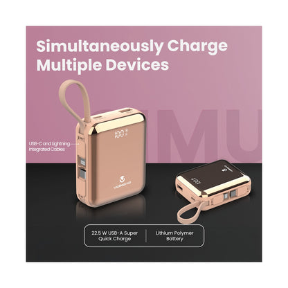 Volkano Solace Series 10 000 mAh Power Bank with Built-in USB-C & Lightning Cable - Pink & Rose Gold