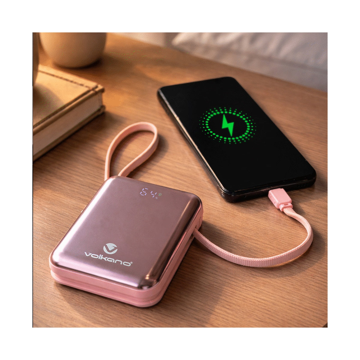 Volkano Solace Series 10 000 mAh Power Bank with Built-in USB-C & Lightning Cable - Pink & Rose Gold