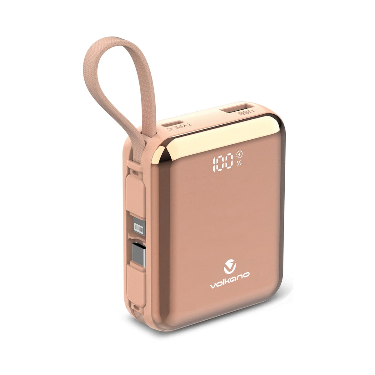 Volkano Solace Series 10 000 mAh Power Bank with Built-in USB-C & Lightning Cable - Pink & Rose Gold