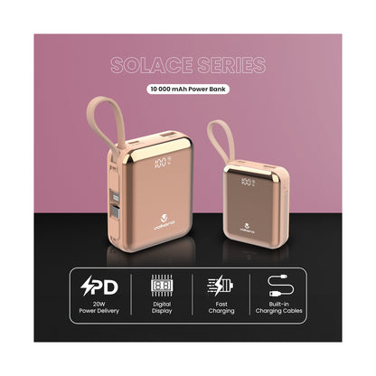 Volkano Solace Series 10 000 mAh Power Bank with Built-in USB-C & Lightning Cable - Pink & Rose Gold