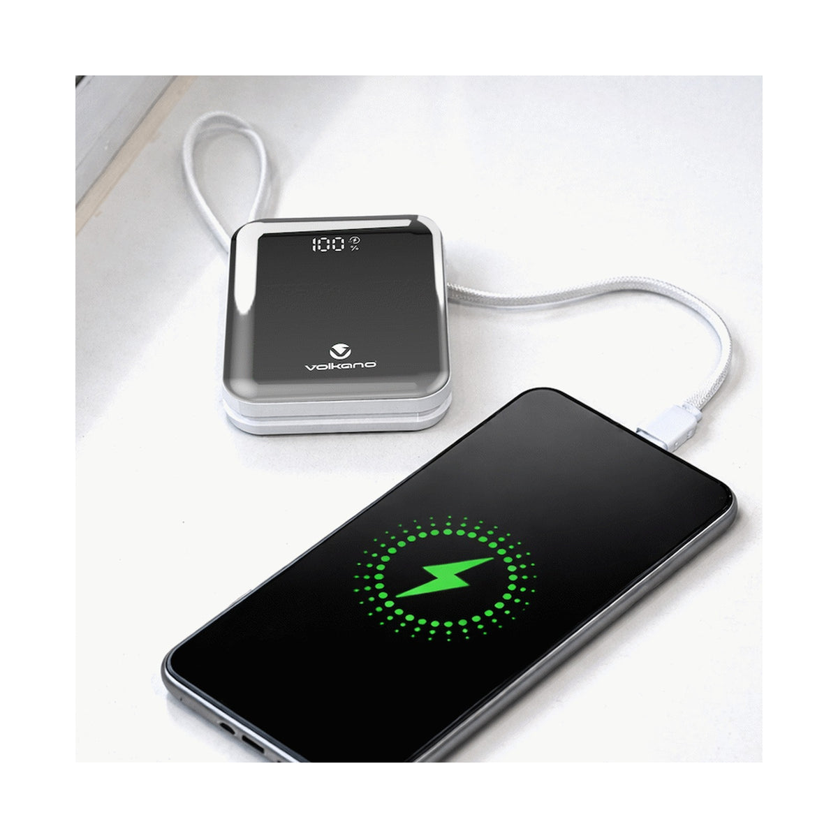 Volkano Solace Series 10 000 mAh Power Bank with Built-in USB-C & Lightning Cable - White & Silver
