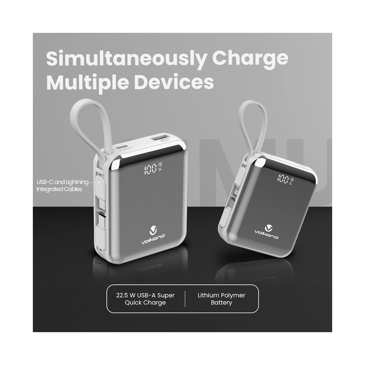 Volkano Solace Series 10 000 mAh Power Bank with Built-in USB-C & Lightning Cable - White & Silver