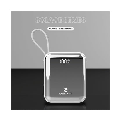 Volkano Solace Series 10 000 mAh Power Bank with Built-in USB-C & Lightning Cable - White & Silver