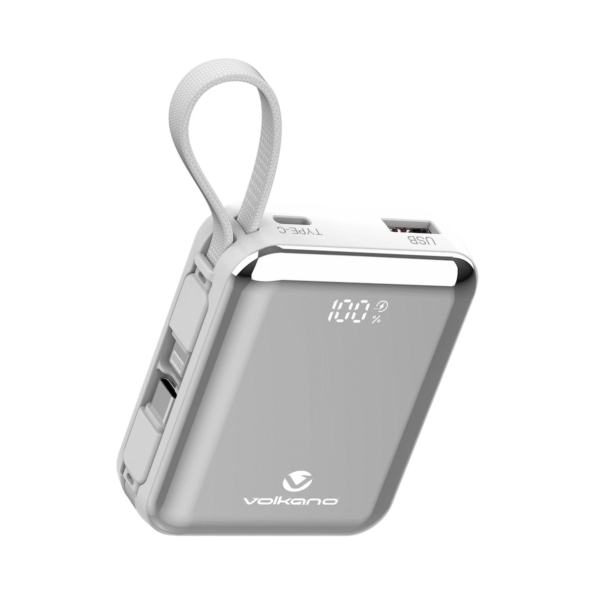 Volkano Solace Series 10 000 mAh Power Bank with Built-in USB-C & Lightning Cable - White & Silver