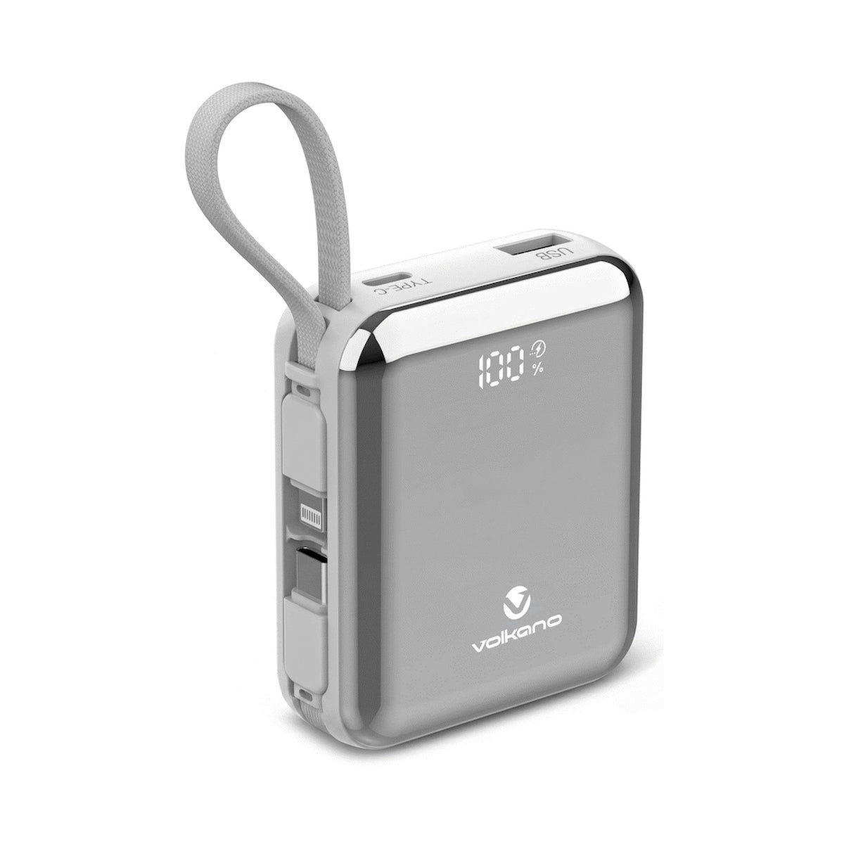 Volkano Solace Series 10 000 mAh Power Bank with Built-in USB-C & Lightning Cable - White & Silver