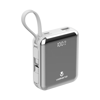 Volkano Solace Series 10 000 mAh Power Bank with Built-in USB-C & Lightning Cable - White & Silver