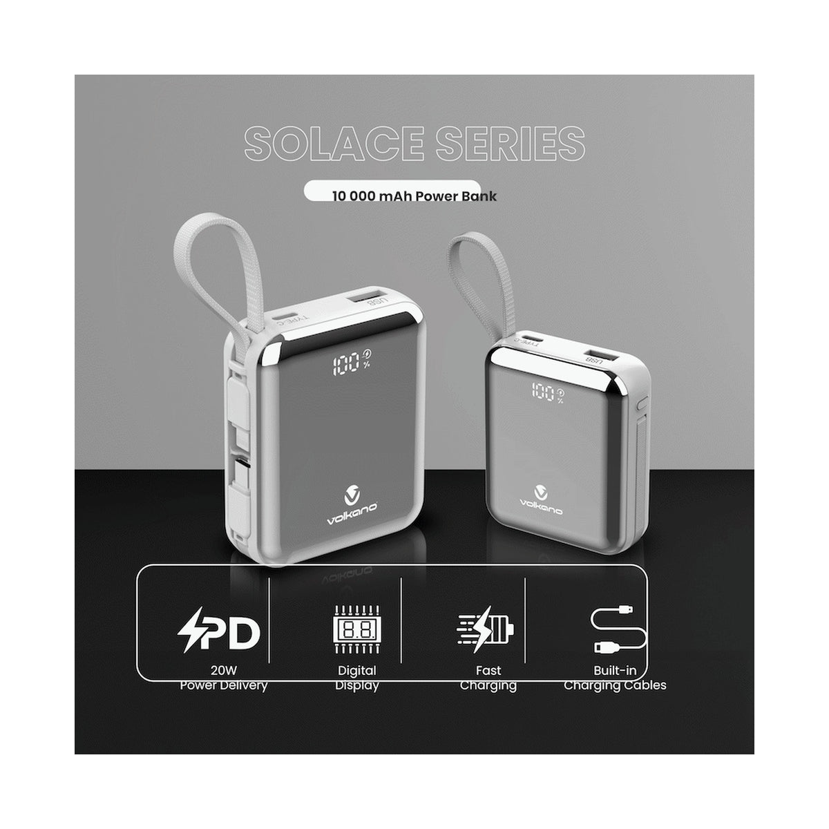 Volkano Solace Series 10 000 mAh Power Bank with Built-in USB-C & Lightning Cable - White & Silver
