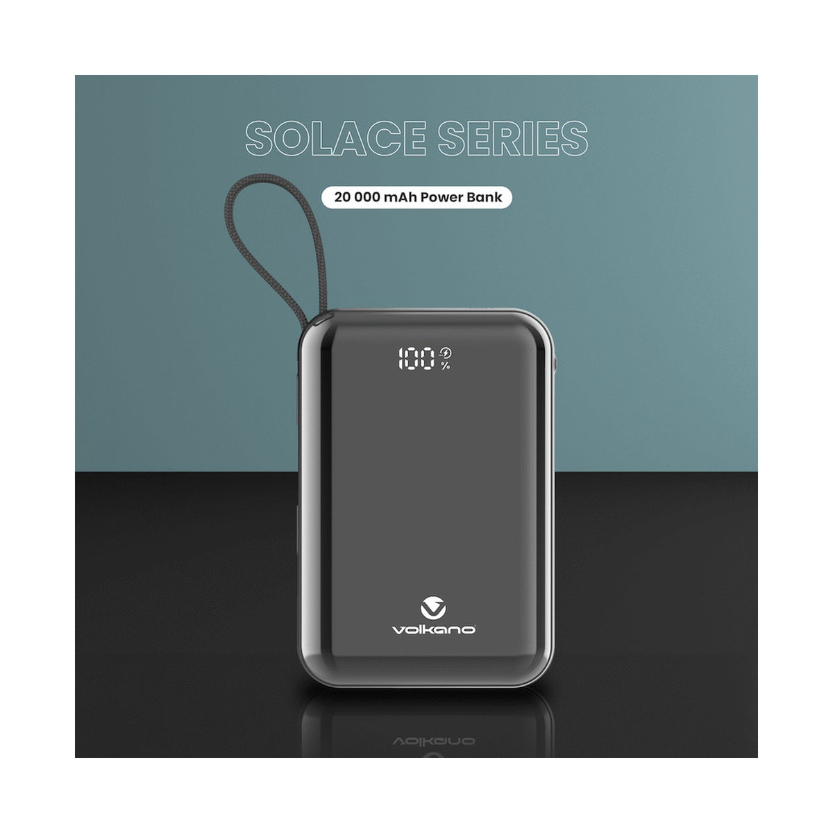 Volkano Solace Series 20 000 mAh Power Bank with Built-in USB-C & Lightning Cable - Black