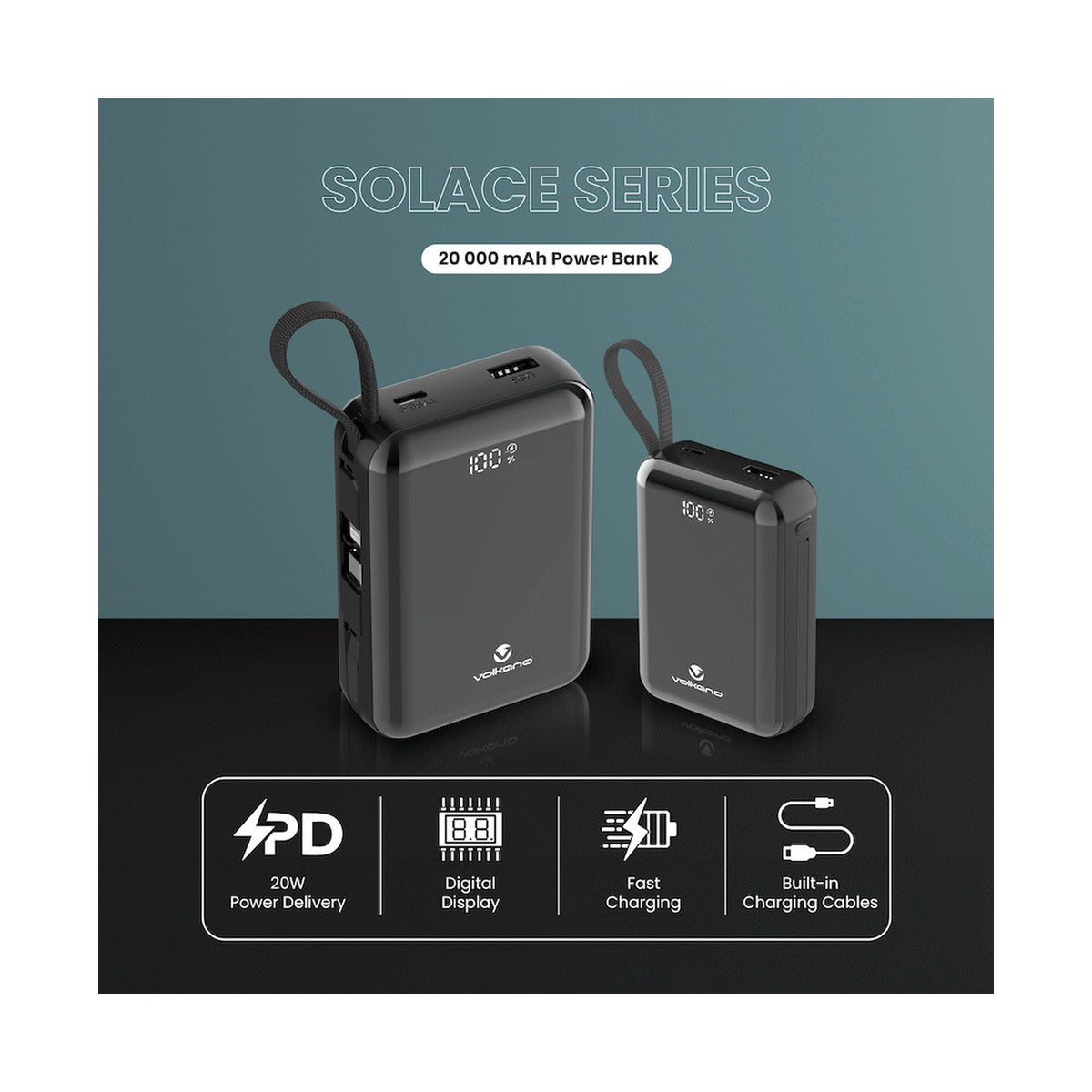Volkano Solace Series 20 000 mAh Power Bank with Built-in USB-C & Lightning Cable - Black