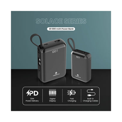 Volkano Solace Series 20 000 mAh Power Bank with Built-in USB-C & Lightning Cable - Black