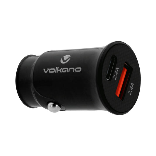 Volkano On-The-Go USB + Type-C 12w Car Charger - Black