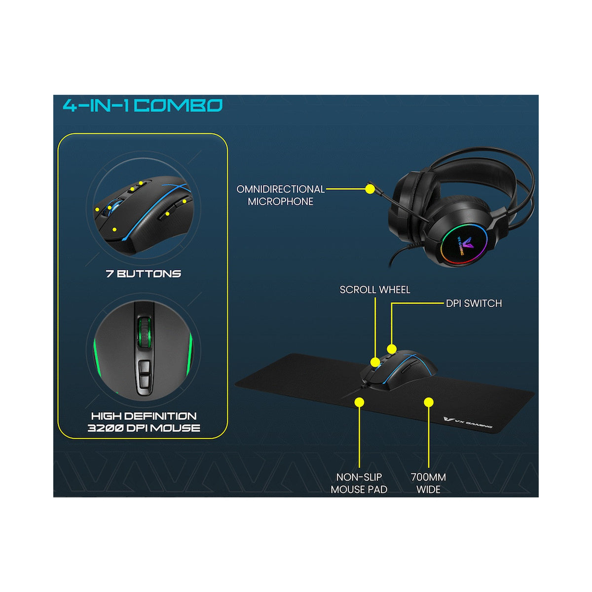 VX Gaming Heracles Series 4-in-1 Combo KB, Mouse, Mousepad, Headset