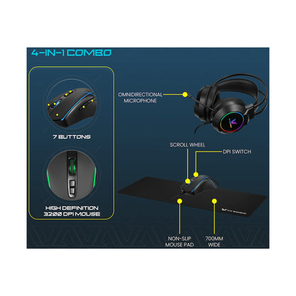 VX Gaming Heracles Series 4-in-1 Combo KB, Mouse, Mousepad, Headset
