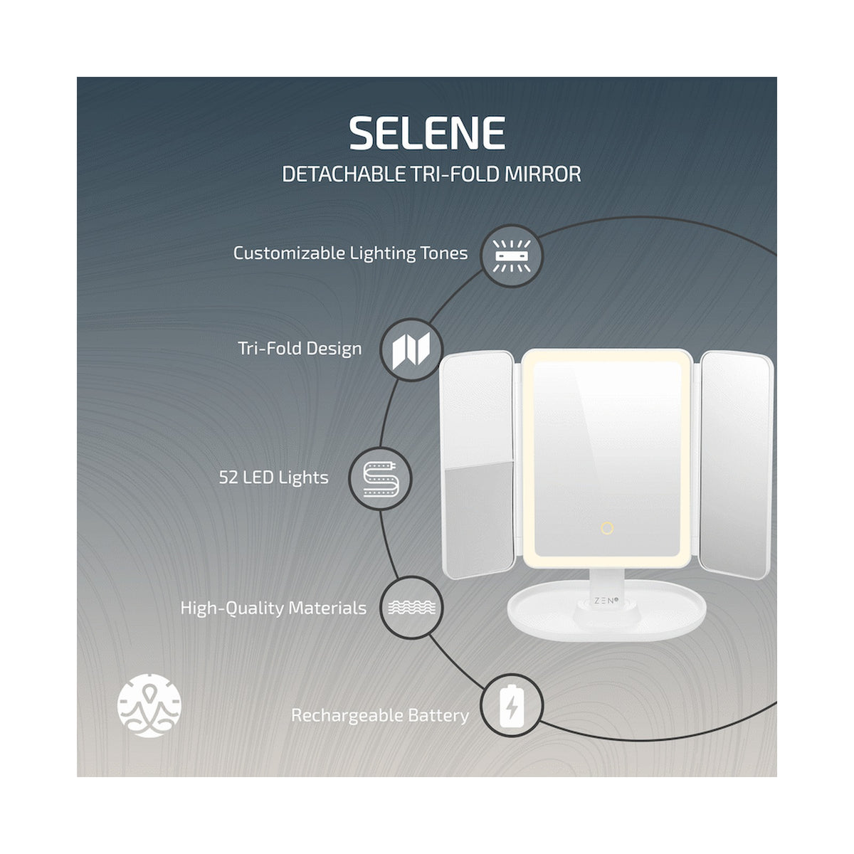 ZEN Selene Series Detachable Trifold Makeup Mirror - White